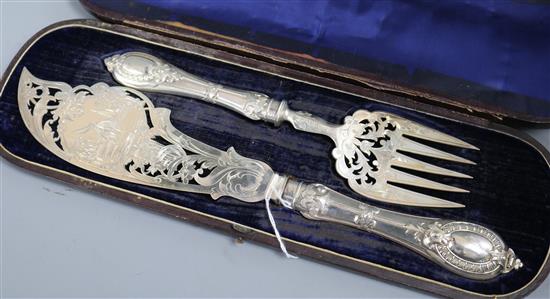 A cased pair of Victorian silver fish servers, Joseph Rodgers, Sheffield, 1860.